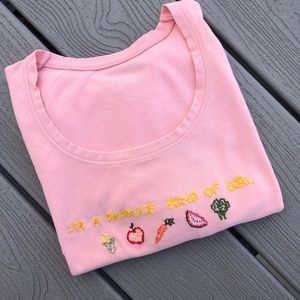 Hand-embroidered vulfpeck produce girl shirt